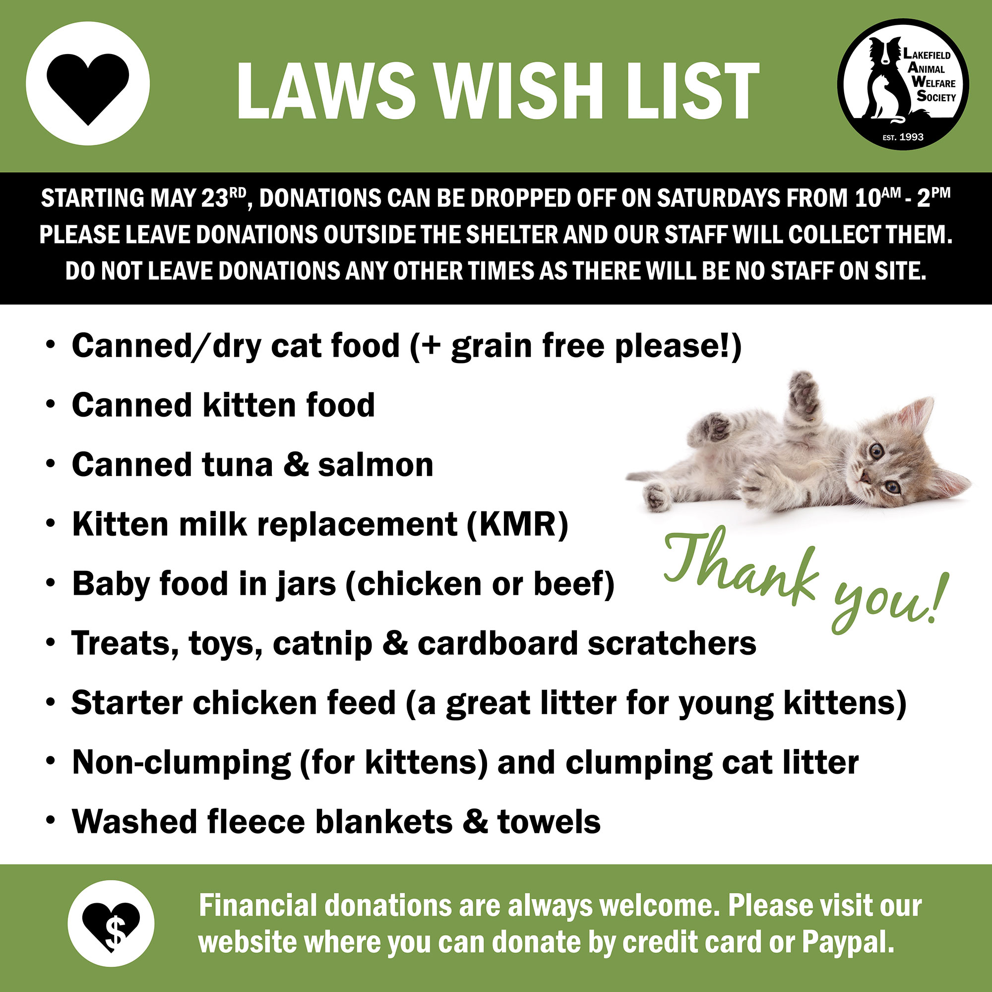 LAWS Supplies Wish List - Lakefield Animal Welfare Society Lakefield Animal  Welfare Society