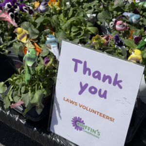 Flowers from Griffin's Greenhouses with thank you sign