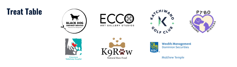 Treat Table: Black Dog Arborist Services; ECCO Art Gallery Studios; Katchiwano Golf Club; Ptbo Pet & Home Minders; Omemee Veterinary Hospital; K9 Raw; Matthew Temple, RBC Wealth Management