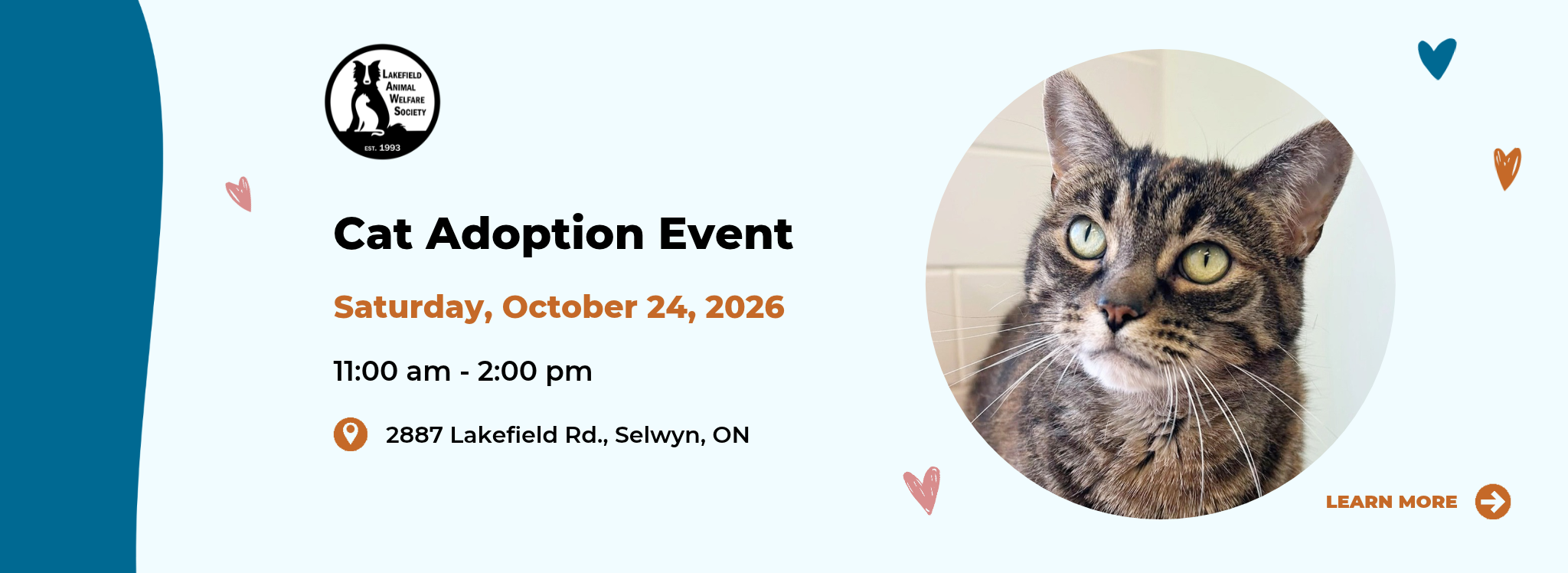 Cat Adoption Event, Saturday, October 24, 2026. 11:00 am to 2:00 pm at LAWS. Learn more.